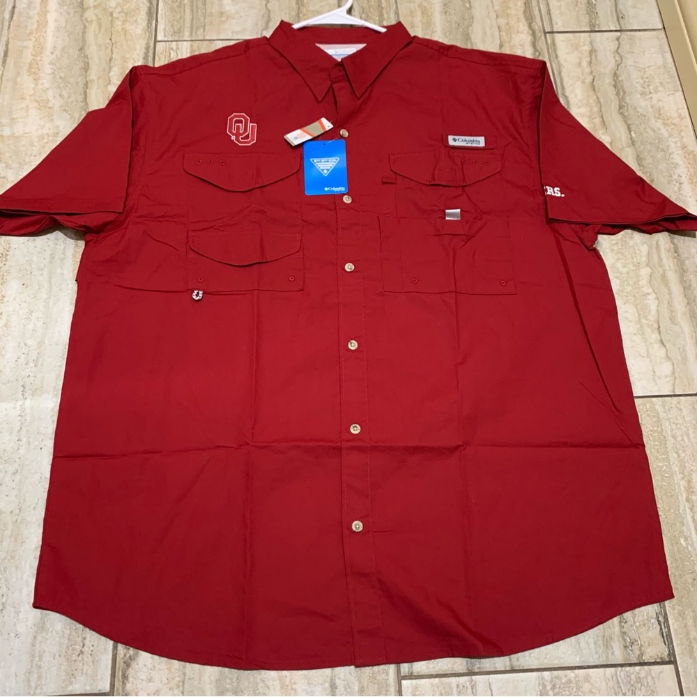 OKLAHOMA SOONERS COLUMBIA MEN’S CRIMSON BONEHEAD SHORT SLEEVE DRESS SHIRT XL - Picture 2 of 12